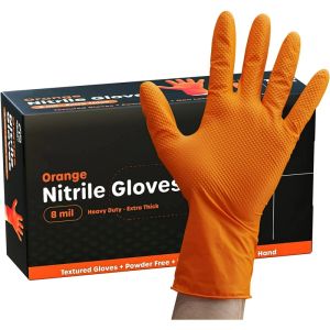 Heavy Duty Orange Nitrile Gloves 8Mil: Industrial Disposable Gloves with Diamond Textured Grip for Mechanic Safety & Work Gloves