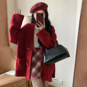 Red Knitted Loose Sweater Coat Womens Spring Autumn New Style Lazy Japanese Style Long Sleeve round Neck Pure Color Sweet Style