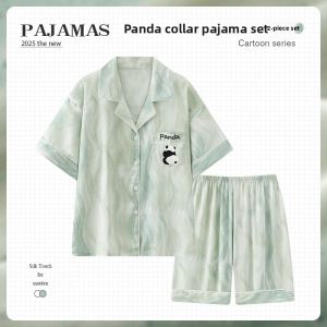 MiiOW | Mens Summer Thin Ice Silk Pajamas Short Sleeve Cartoon Panda Home Clothes Set Comfortable Breathable Lightweight Sleepwear