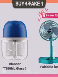 【BUE 1 TAKE 1】350ml Wireless Blender + Foldable Fan Chopper Glass Cup Garlic Chopper Garlic Chopper Mini Electric Food Chopper Processor Ginger Mincer Table Fan charging fan electric mini kipas angin USB Mini Fan