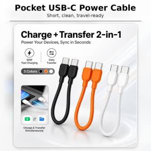 Portable USB C to USB C Short Cable Braided Type C Charge Data Sync Cord for Power Bank Phone Tablet with Storage Clip Travel