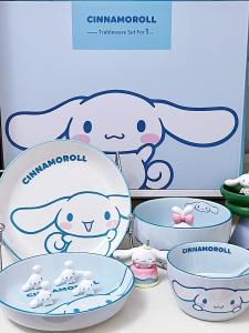 Ceramic Cinnamoroll Dog Bowl Set with Chopsticks Plate Dish Spoon Gift Box Large Ear Dog Bowl Cartoon Style Home Diningware