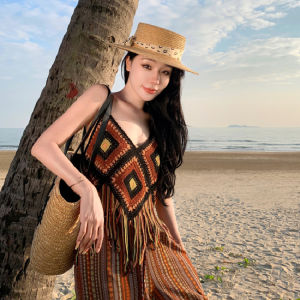 Summer Vintage Colored Stripes Knitted Camisole Women Sleeveless Hollow Out Embroidery Tank Top