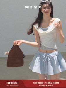 OAKMOO Slim Fit T-Shirt with Embroidered Plaid Knitted Splice Short Top V-Neck Cool Feeling Summer Fashion Ladies Tee