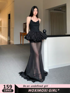 Váy Dài Xếp Ly Ren Cổ Treo Mùa Hè MOXI Váy Dài Xếp Ly Ren Không Tay Cạp Cao Thường Ngày Màu Trơn Polyester 100%