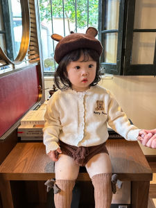 Adorable Bear Embroidery Knitted Cardigan Long Sleeve Baby Girls Outfit Versatile Cotton Polyester Blend Comfortable All-Season Wear