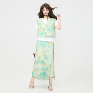 KEIKO | Elegant Oriental Shimmer Satin Summer New Chinese Style Sleeveless Top and Skirt Set