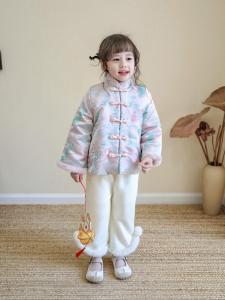 Girls New Year Cotton Fleece Lined Tang Suit Ensemble Vintage Chinese Style Childrens Clothing Festive Wearable Set