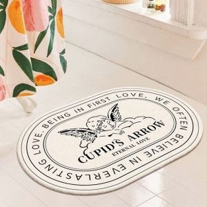 VIKAMA Retro Angel Elliptical Carpet Velvet Water Absorbent Shower Room Floor Mat Entrance Anti-Slip Door Mat Home Decoration