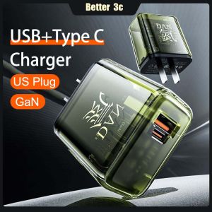Transparent Shell GaN Phone Charger USB+PD Dual Ports Quick Charger Mini Portable US Plug Type C Charger Widely Compatible