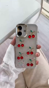 ส่งจากไทย เคสสำหรับ  iphone  i13 เคสใสเชอรี่ กากเพชร งานกล่อง รุ่น  i11 promax 12 promax 13 promax 14plus 14 promax 15 promax 16promax