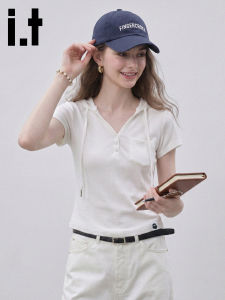 FINGERCROXX | Hooded V-Neck Regular Shoulder Asymmetrical Fitted Short T-Shirt