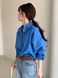 French Vintage Klein Blue Long Sleeve Shirt Women Casual Loose Lazy Style Shirt Jacket Trendy Cotton 100% Autumn New Arrival