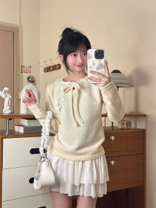 Sweet Girl Soft Butterfly Knot Long Sleeve V-Neck Knitted Top Womens Fashion Elegant Lace Trim Regular Fit Polyester Blend