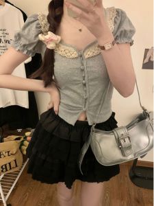 Lace Patchwork Lotus Collar Short-Sleeved T-shirt: Sweet & Spicy Stylish Slim-Fit Crop-Top 2024 New Arrival