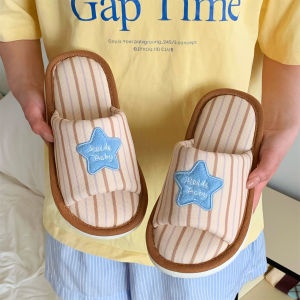 XIXITIAO | Korean Style Star Stripe Anti-slip Slippers for Women and Students Cotton Linen