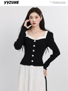 เสื้อคาร์ดิแกนถักแขนยาวทรงเข้ารูปสไตล์เกาหลีสำหรับผู้หญิงในฤดูใบไม้ร่วง คอลเลกชันใหม่ เสื้อเชิ้ตคอเหลี่ยมสีบล็อกแบบยูนิเซ็กซ์