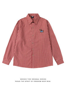 เสื้อเชิ้ตแขนยาวลายสก็อต MOISHE TIDE สไตล์อเมริกันย้อนยุค สำหรับผู้ชายและผู้หญิง ทรงหลวม ฤดูใบไม้ร่วง เสื้อเชิ้ตคอแหลม