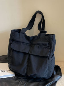 New Simple Korean Style Washed Canvas Tote Bag Women Large Capacity Pure Color Commuter Shoulder Bag Soft Handbag Zipper Closure