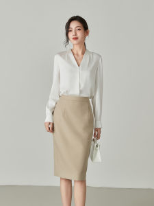 Elegant Long Sleeve V-Neck Acetate Satin Pure Color Shirt Simple Yet Sophisticated Office Wear for Women Spring New Arrival
