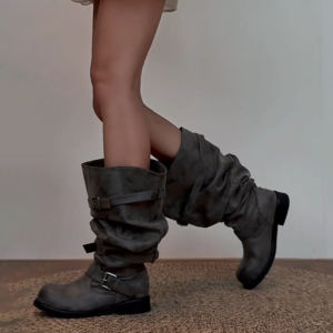 FANGXI | Genuine Sheepskin Leather Retro Folded Womens Tall Boots