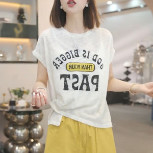 Korean Style Letter Print Belt round Neck Short Sleeve T-Shirt Women Summer plus Size Slimming Versatile Casual Top Trendy