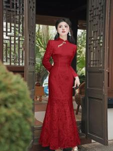 Red Long Cheongsam Dress Elegant Luxury Ankle-Length Wedding Dress Female Elegant Simple Style Pure Color Long Sleeve Dress