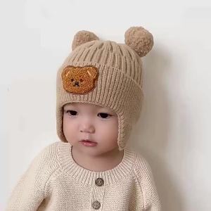 Cute Bear Knitting Baby Wool Hat Boys Girls Ear Protection Beanies Cap Elastic Winter Cap Kids Gift