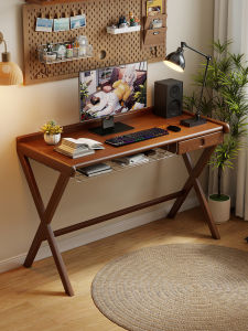 Retro Style Solid Wood Computer Desk Home Office Desk Bedroom Study Desk with Drawer And Steel Frame Lightweight Luxury