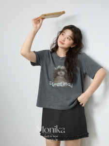 plus Size Womens Cartoon Print Short Sleeve T-Shirt Loose round Neck Fun Top Layering Gray Casual Cotton Autumn Fashion