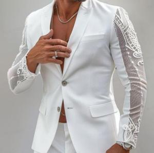 INCERUN Mens Elegant Lapel See Through Lace Splicing Blazer Formal Party Long Sleeve Suit (Western Style) #241113