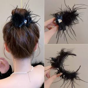 Elegant Black Feathers Shark Clamp Hair Accessories Womens High Ponytail Bun Updo Hairpins Stylish Hairgrips for Back of Head