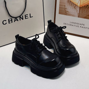 Womens Thick Bottomed Leather Loafers Spring 2025 Retro Lace-Up British Style Big Head Flat Shoes Comfortable Fashionable