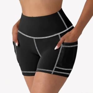 Women High Waist Leggings Yoga Shorts with Pockets Contrast Stitching Butt Lifting High Stretchy Shorts for Gym Fitness Running