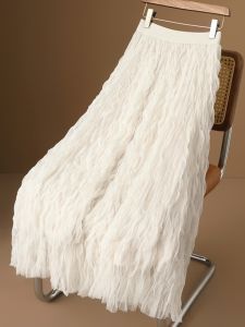 TGZ High Waist Pleated White Midi Skirt Womens Fashion Elegant A-Line Gown Polyester Fiber Slimming Skirts