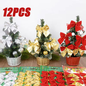 โบว์เล็กๆของตกแต่งคริสต์มาสของตกแต่งต้นไม้สำหรับปาร์ตี้โบว์แบบผูกครอบครัวของตกแต่งงานแต่งงานของขวัญริบบิ้นตกแต่งแขวน DIY 12ชิ้น