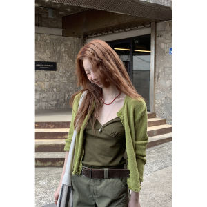 HelloooEat Womens Knitted Hollow out Loose Fit Top Vintage Single Button Short Coat Korean Style Long Sleeve round Neck