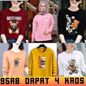 Promo Kaos Lengan Panjang 95RB Dapat 4 Kaos Wanita Lengan Panjang Dewasa Dan Remaja Perempuan Motif Distro Tedy Bear Beruang Boneka Barbie Kekinian Baju Pakaian Atasan 95 Rb 4 PCS Kaos Cewek Oblong T-Shirt Viral Rib Sablon Gambar Digital DTF Oversize Cwe