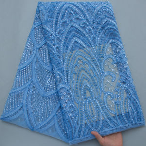 Sky Blue African Mesh Lace Fabric with Sequins 2026 New Luxury Embroidered French Tulle Lace For Wedding Party Dress Sewing