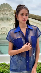 PARRY เสื้อลูกไม้ Pantone Pocket สี Navy Blue Free size เสื้อลายลูกไม้ ลูกไม้ ชุดลูกไม้