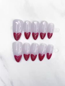 【5in1 Toolkit+HANDMADE】Artificial Nail Silver sparkling heart French Almond Phototpy Fake Nail Patch Press on Nails Reusable