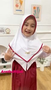 Jilbab Anak Sekolah SD Bahan Jersey Mila Merah Cokelat Putih