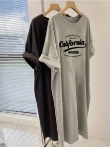 Váy T-shirt Tay Ngắn Dáng Chữ a Cạp Cao Mùa Hè Cho Nữ Váy Chữ a Dáng Rộng Dài Đến Đầu Gối Có Khóa Kéo Phong Cách Đường Phố