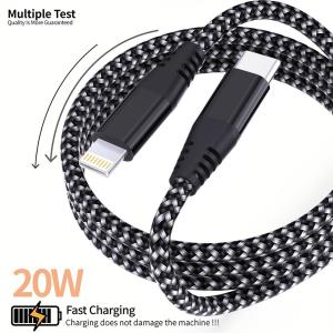 LAIHONEN 20W USB-C to Lightning Cable 10ft Nylon Braided Fast Charge For iPhone 14-8 Plus SE iPad Black/Gray