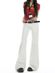 กางเกงยีนส์ทรงขาบานเอวต่ำสีขาว ทรงสลิมฟิต กางเกงขายาวทรงขาบานสำหรับผู้หญิง กางเกงยีนส์ทรงลำลองสไตล์อเมริกัน