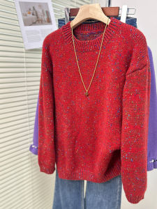QINGNAER | Vintage Red Mixed Yarn Long Sleeve Pullover Slimming Plus-Size Womens Sweater