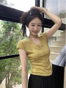 HUOLISI | Retro Knit Short Sleeve Shirt Single Button V-Neck Puff Sleeve Waist Slimming