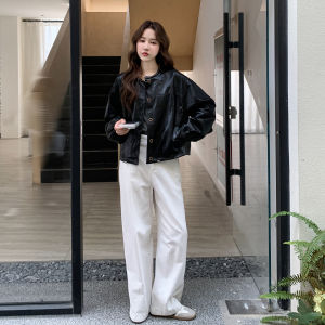 Black Biker Jacket Womens Fashionable Retro Hong Kong Style Sweet Cool Style Casual Loose Fit Long Sleeve Polyester Leather Coat