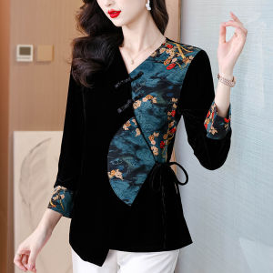 MAIMEI | New Chinese Style Improved Velvet Shirt Autumn Winter New Print Patchwork Button Side Tie Top Korean Version Straight Tube