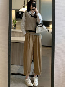 High Waist Casual Khaki Trousers for Women Spring Season Loose Straight Leg Harem Pants Slimming Vintage Nine Point Trousers